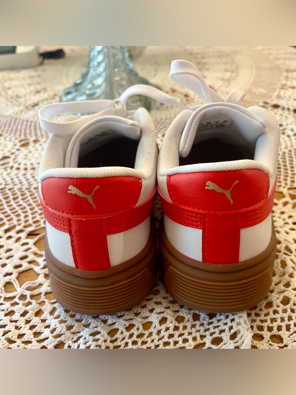 Puma White and Red Women's Sneakers with Gum Sole - Picture 5 of 9